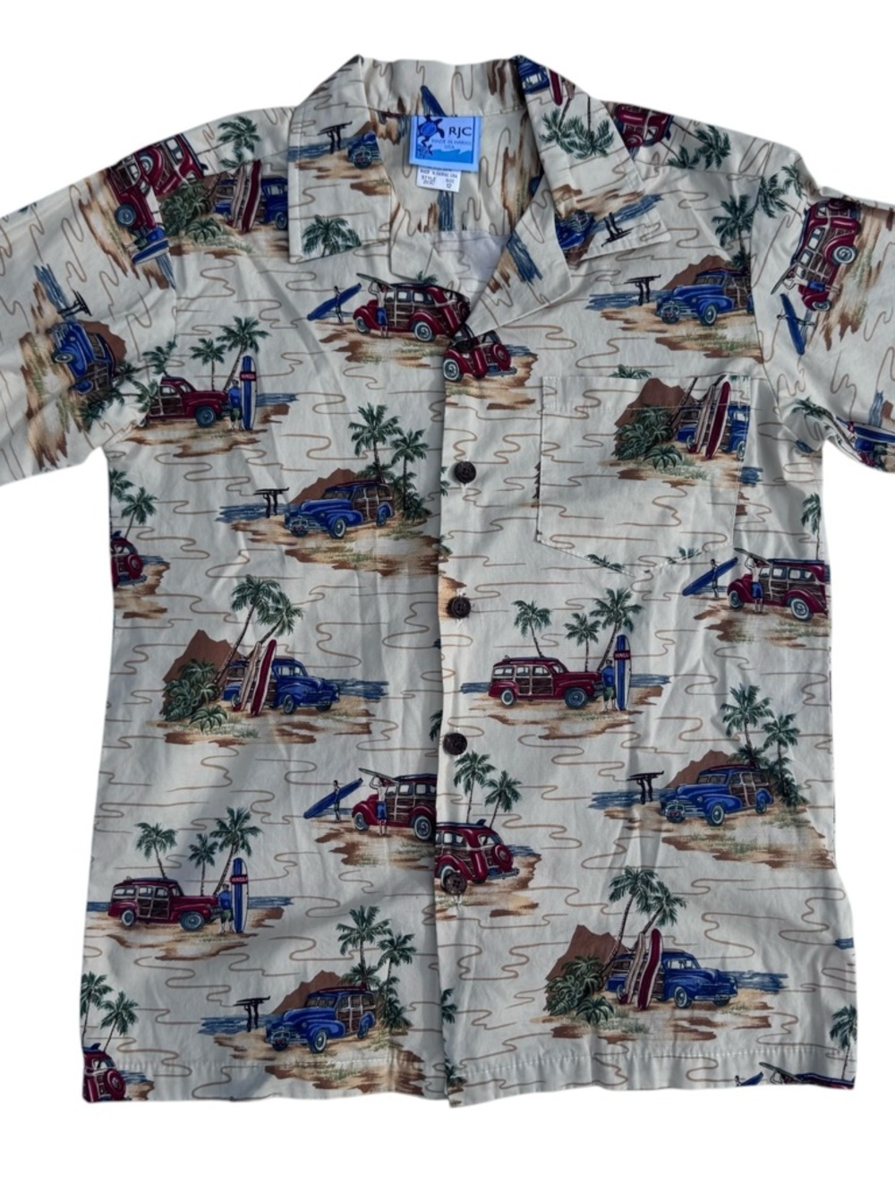 Surf Print Hawaiian Shirt in Beige with Blue & Red vintage Cars boys Sz 12